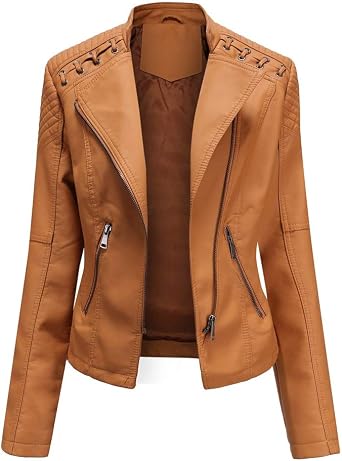 Julymens Womens Faux Leather Motorcycle Jacket Fashion Slim Fit Short Biker Coat