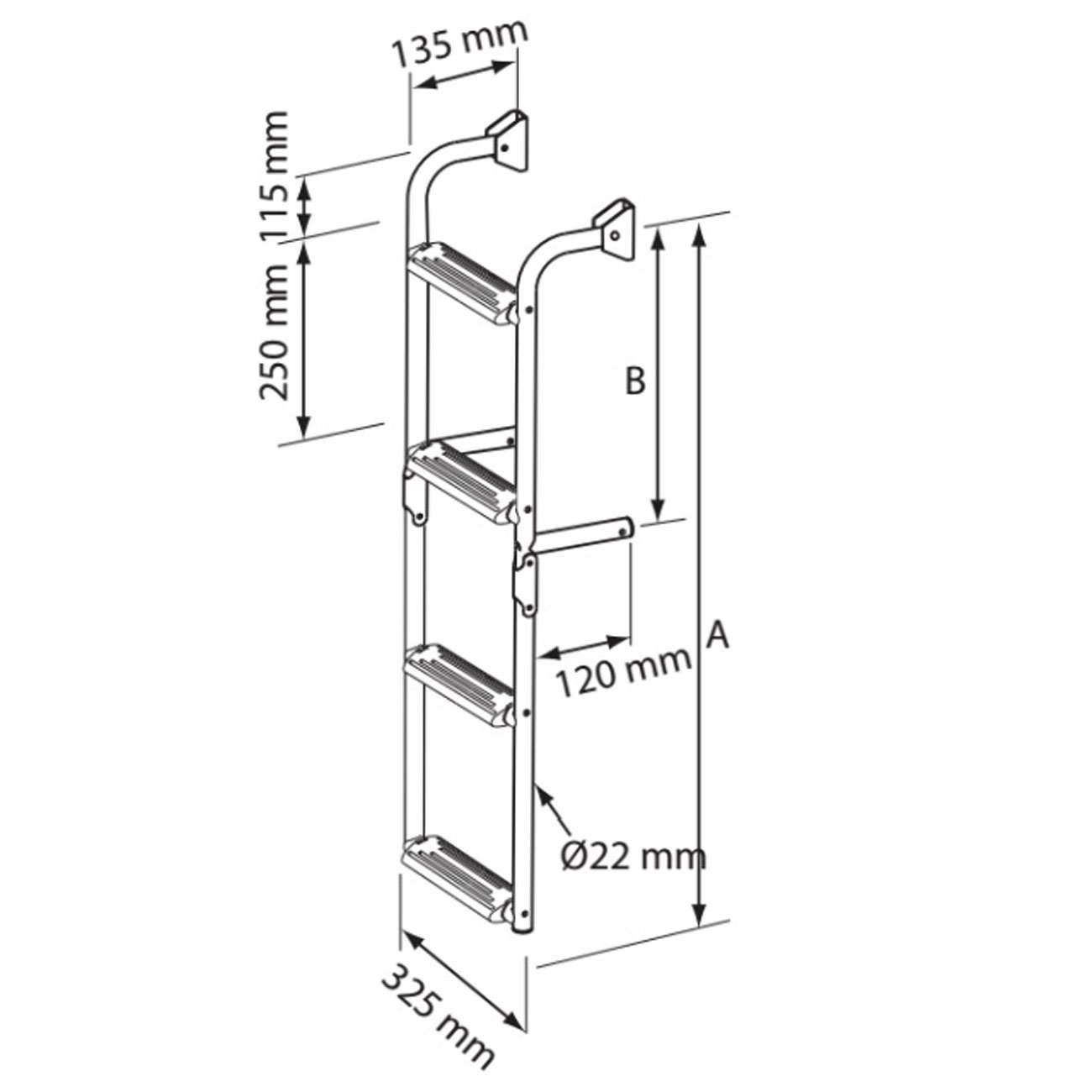 Scaletta pieghevole,Inox 316,per plancia stretta,gradini 1+2 ,90 1+2 - NUOVA RADE