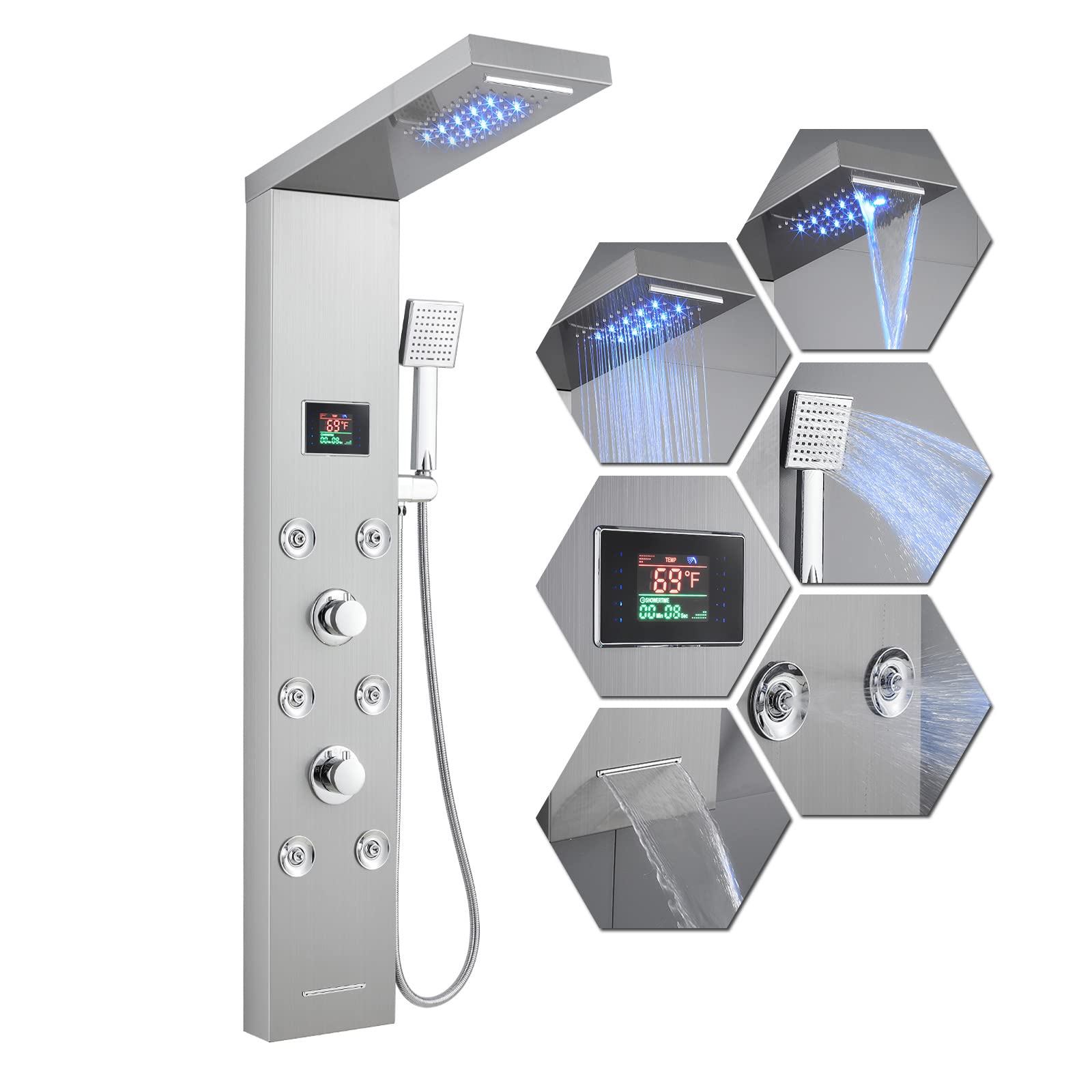 MENATT Shower Panel Tower System with LED Lights, 5 in 1 Rainfall Waterfall Shower Panel with 6 Massage Body Jets (Brushed Nickel)