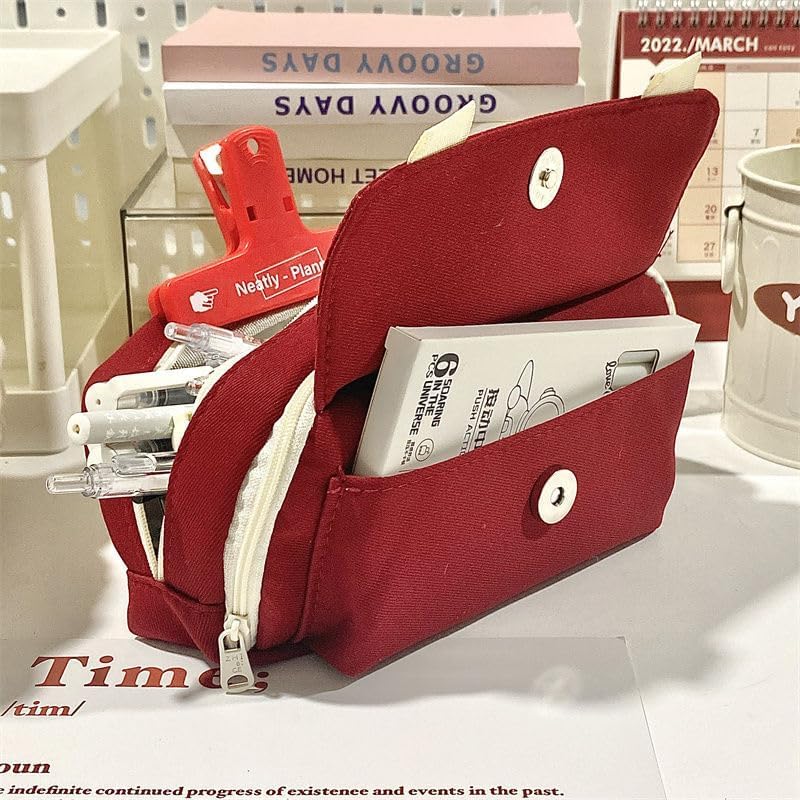 Image of Kawaii Cute Aesthetic Pencil Case for Students | Large Capacity Multi-Pocket Pencil Pouch with Zipper | Cartoon Stationery Organizer Bag for School, College & Office Supplies (So Cute - Red)