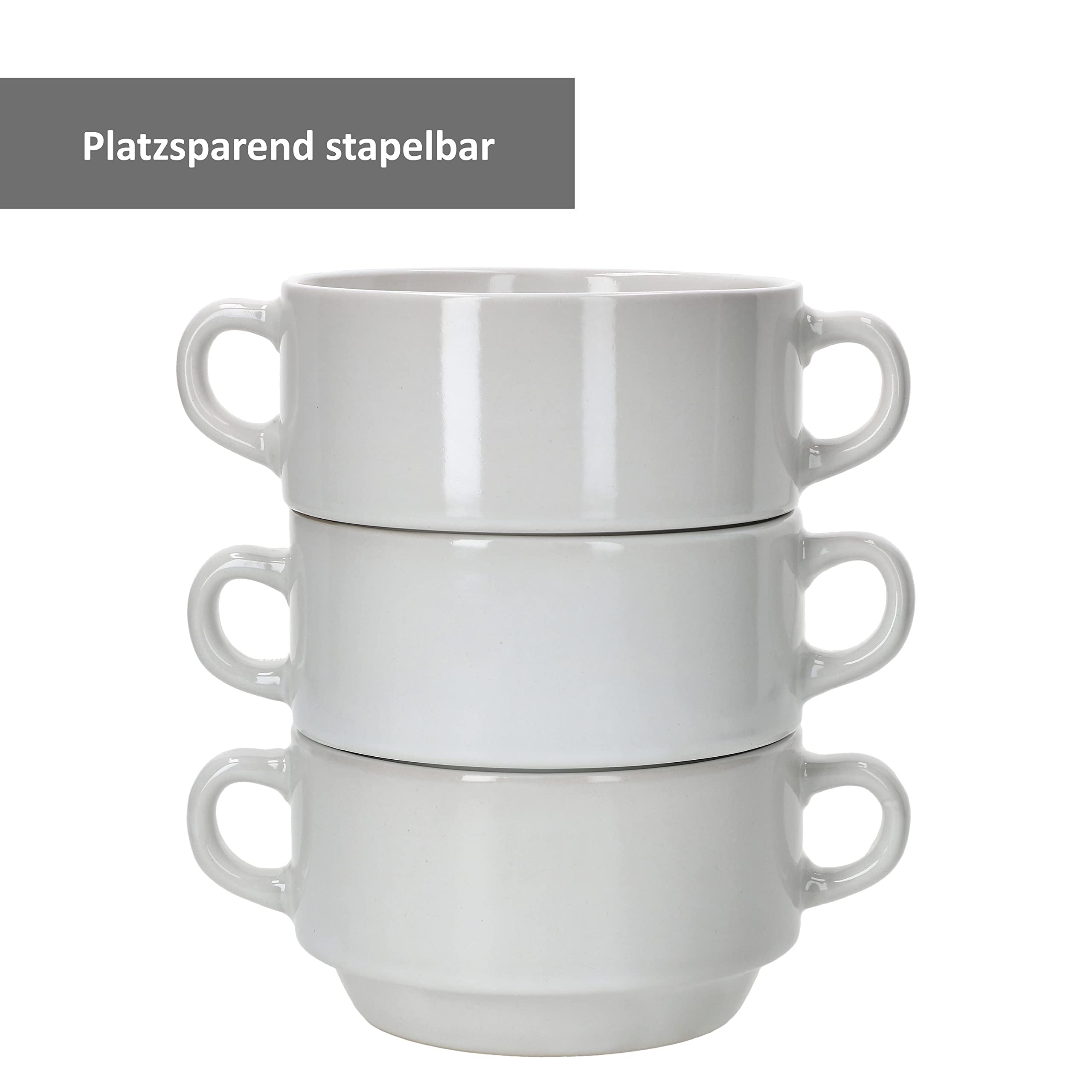 MamboCat 12er Set Stiva Suppenschale 250 ml I Weiß I Für 12 Personen I Suppentasse, Suppenterrine, Soup-Bowl Porzellan-Schale, stapelbar 18x12,5x8,5cm kleine Schüssel Henkel für Eintopf & Suppe