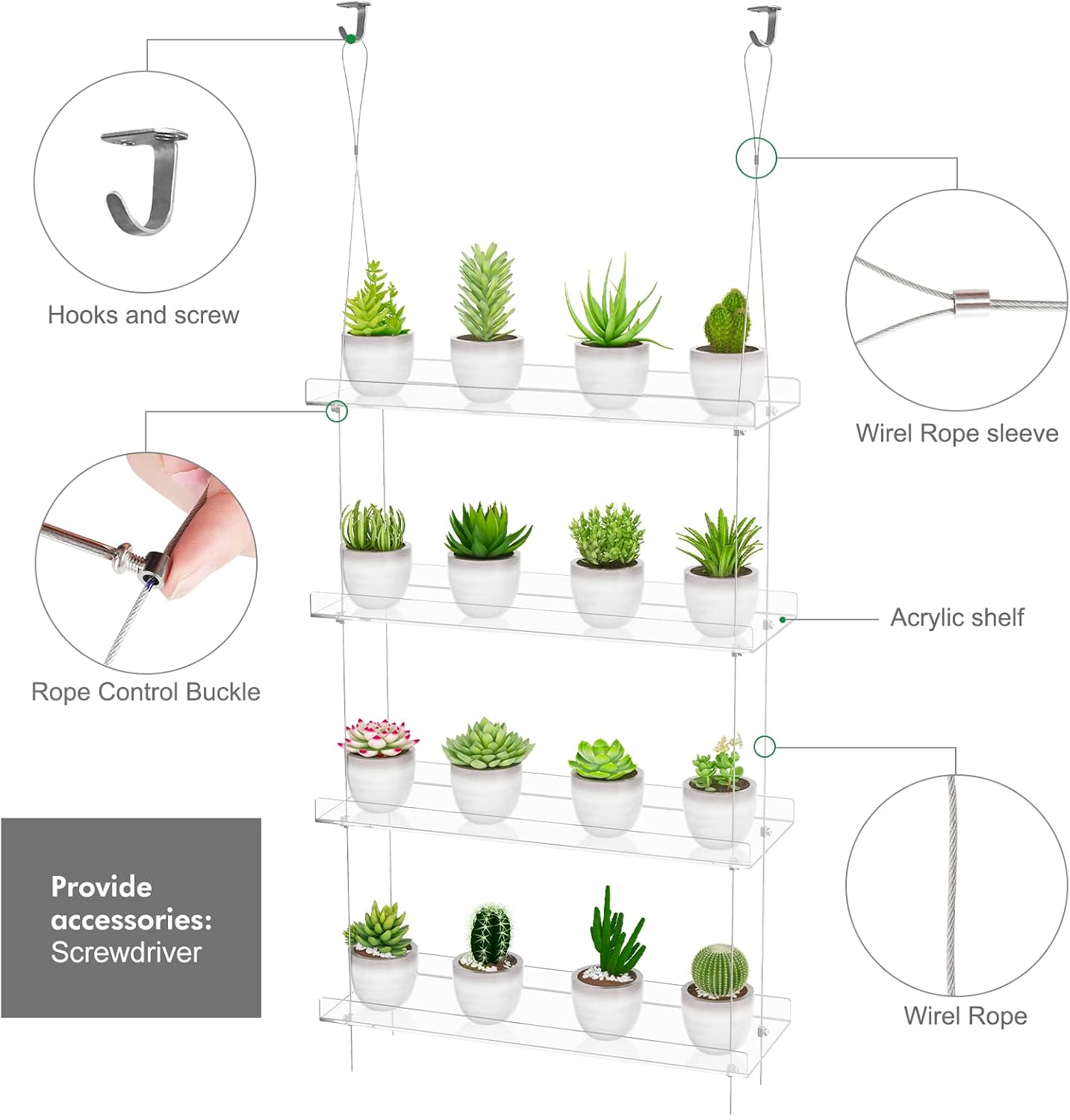4-TierClear Plant Shelves, Height Adjustable Hanging Acrylic Indoor Wall Hanging Plant Stand Flower Display, Flower Pot Organizer Storage for Window Grow Herbs, Microgreens, Succulents, 16 Inch