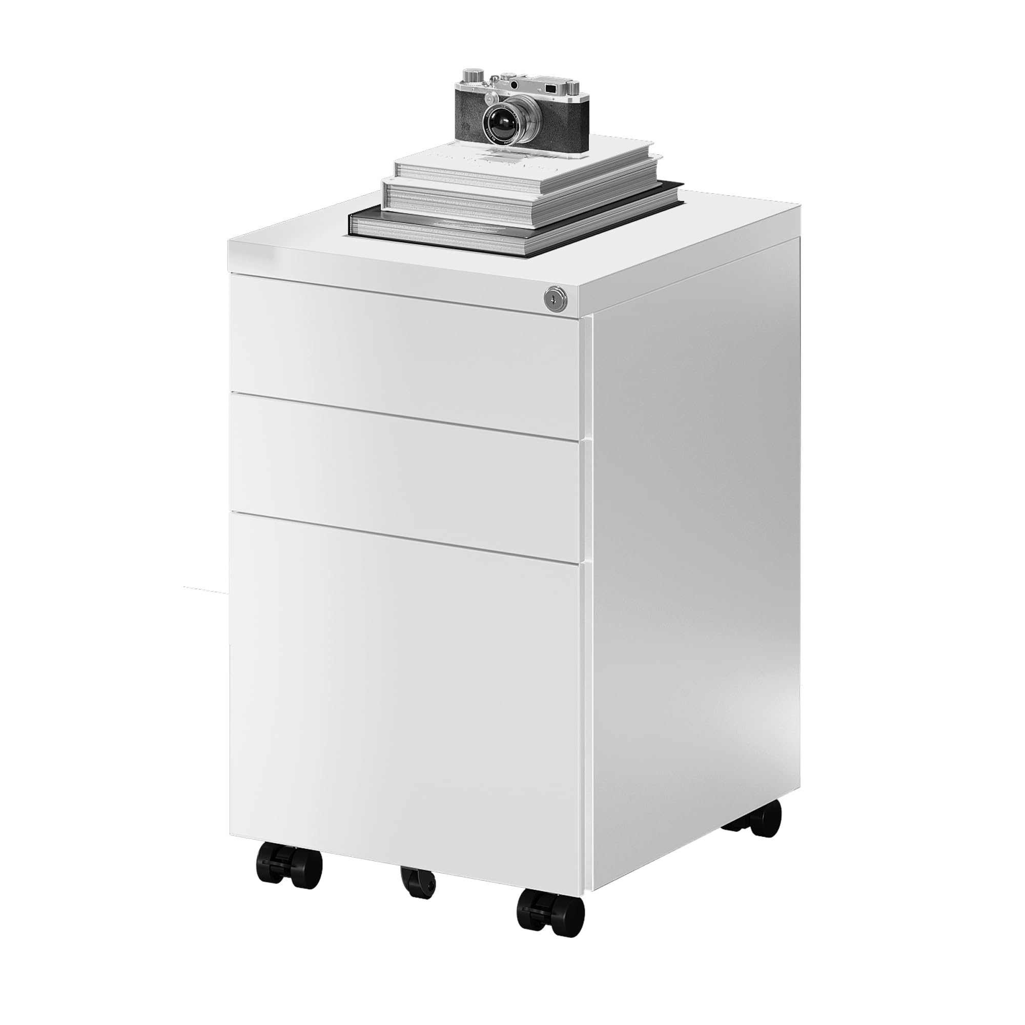 FLEXISPOT schedario con 3 cassetti, cassettiera da ufficio bianca con ruote, armadietto con serratura e sistema anti-ribaltamento, mobiletto porta documenti per casa e ufficio