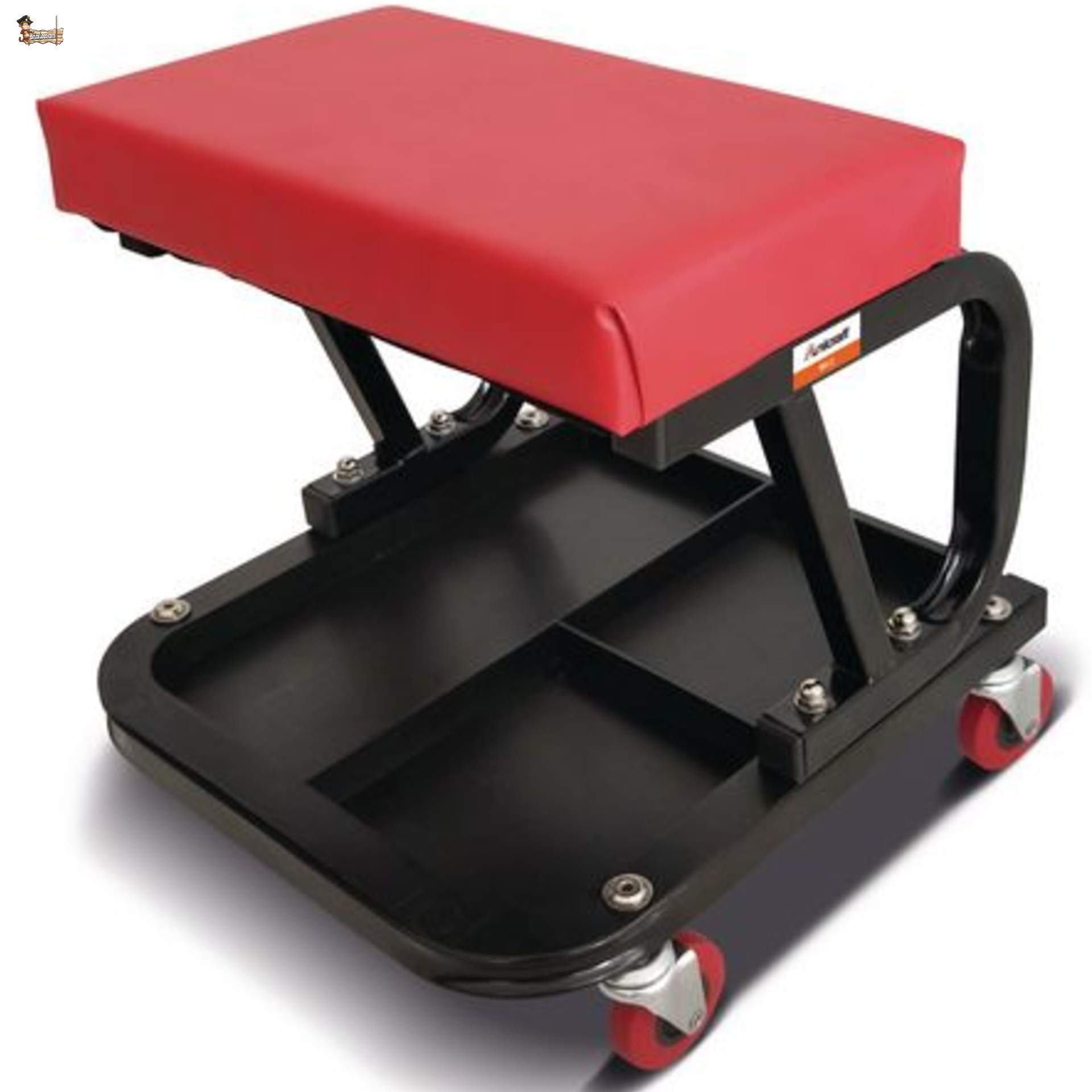 BricoLoco Taburete con Ruedas Taller mecánico. Asiento de Montaje. con Bandeja portaherramientas. Limpiable y Acolchado. Ruedas giratorias. Estructura Acero.