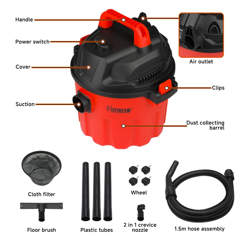 Hoteche Aspirador en seco y húmedo de 800 W, 10 L de capacidad, motor de alambre de cobre, recipiente de plástico, ideal para la familia y el taller