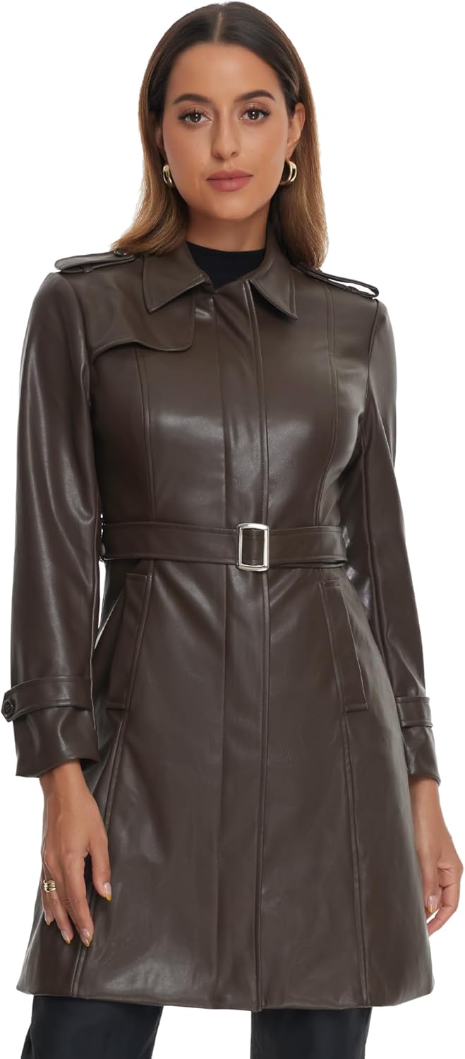 Allegra K Faux Leather Jacket Women Long Trench Coat with Lapel Zip Front Belt Fall Outfits Clothes Fashion 2026