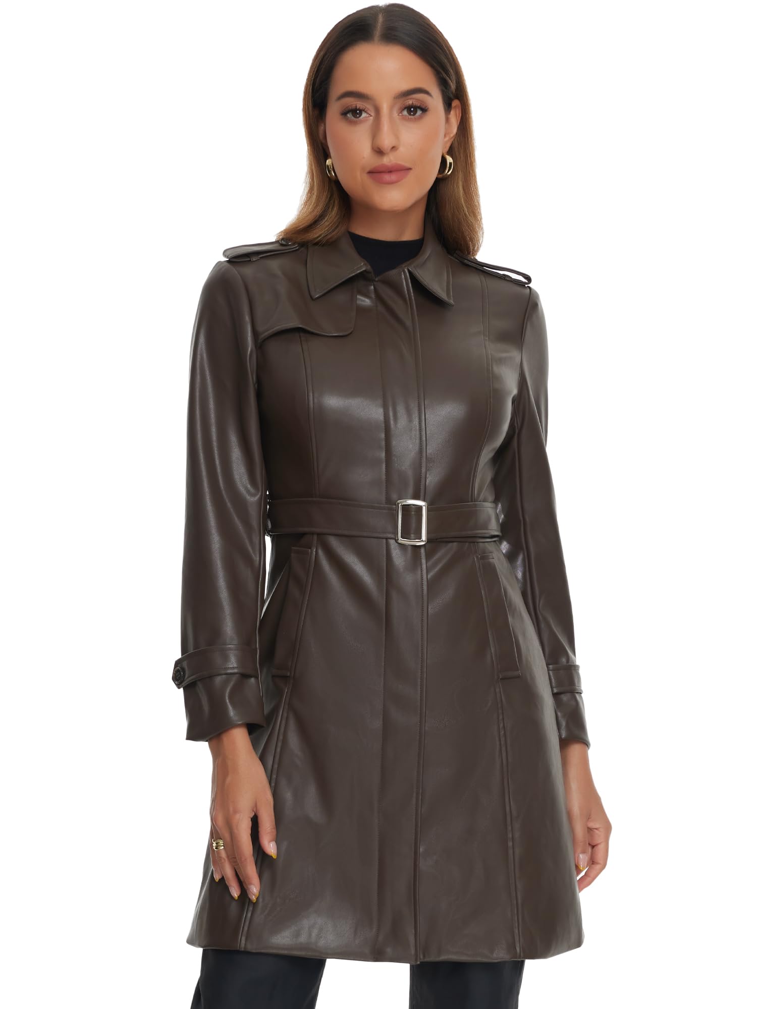 Allegra K Giacca Lunga da Donna in Ecopelle a Manica Lunga Slim Fit con Zip Cappotto con Risvolto