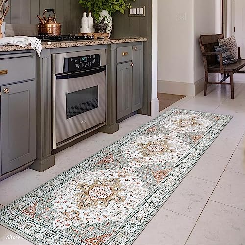 Moynesa Ultra-Thin Washable Runner - 2'6" x 8' Hallway Rug, Kitchen & Bathroom Carpet, Vintage Printed Low Pile Entryway Runner for Apartment, Camper, RV, Beige/Gold