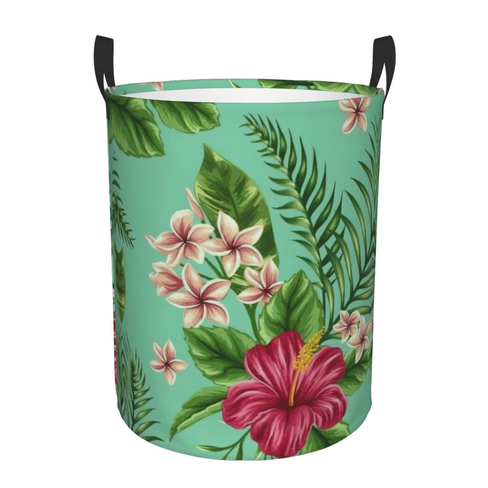 S Collapsible Round Hawaiian Tropical Leaves Flowers Print Laundry Hamper