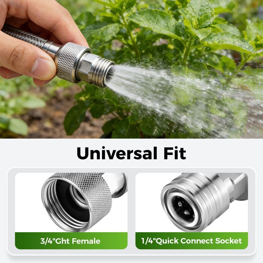 Garden Hose to Mini Power Washer Adapter-3/4 GHT to 1/4", Garden Hose Pressure Washer Attachment, Convert Water Hose to Power Washer Connector, Stainless Steel (Connector +5 Nozzle Set)