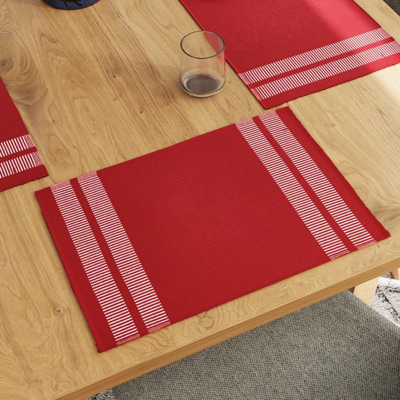 Encasa Fine Ribbed Cotton Placemats Set of 6 With Ladder Black Color & Rectangular Size 46x32 cm For Dinning Table Fall Decoration, Halloween & Christmas Festivals - Machine Washable