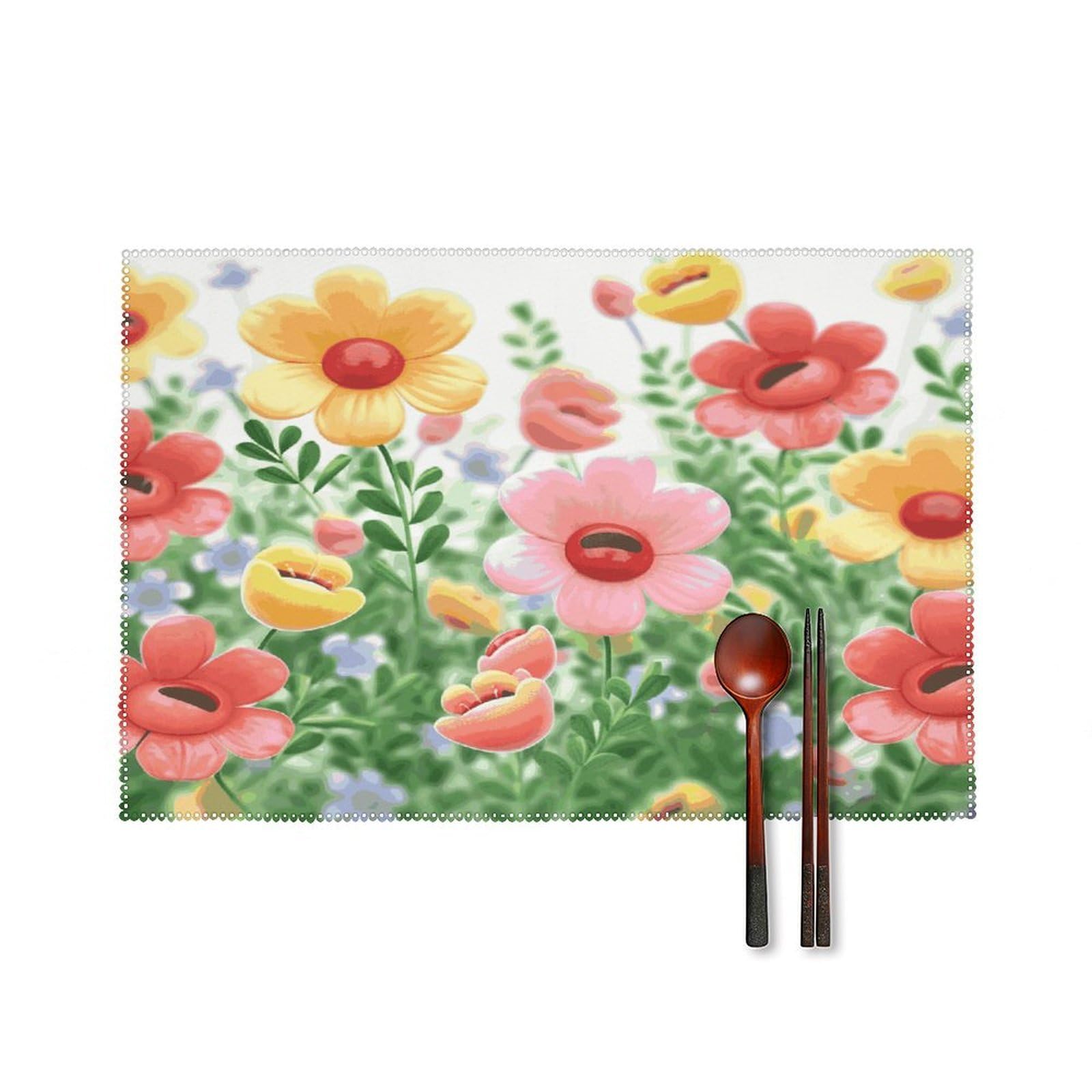 Btcowzrv Style Happy Flower Canvas Placemats Set Of 6, Wipeable Washable Place Mats For Indoor & Outdoor, Table Mat Decor For Kitchen Dining Party