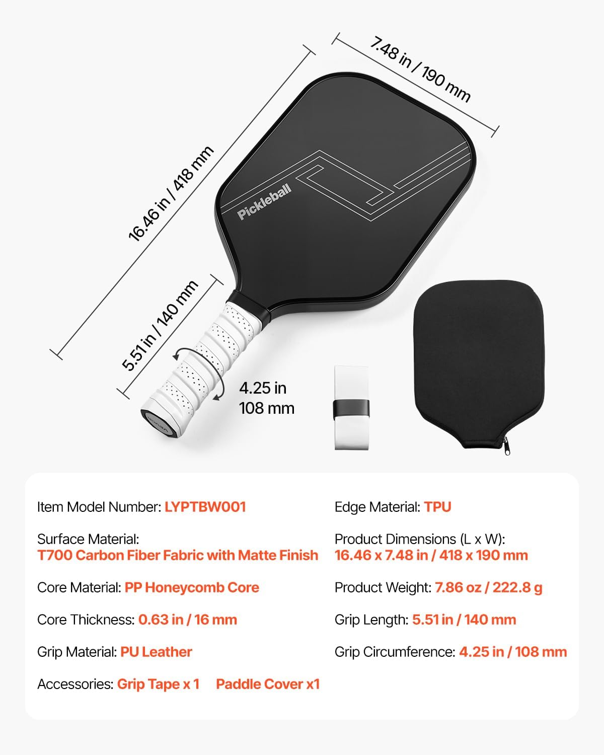 Table summarizing the item model number, surface material, core material, core thickness, grip material, edge material, product dimensions, product weight, grip length, grip circumference, and included accessories.