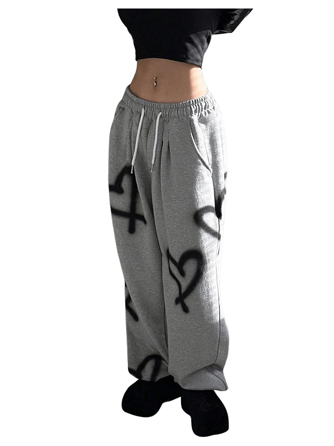 WDIRARA Women's Heart Graphic Drawstring Waist Sweatpants Loose Baggy Pants Streetwear Joggers