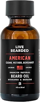 Live Bearded Beard Oil, 1 fl oz - Premium All-Natural Jojoba - Made in the USA - Hair and Skin Care for Men with Dry, Flaky Patches | American Scent - Cedar, Vetiver, Bergamont