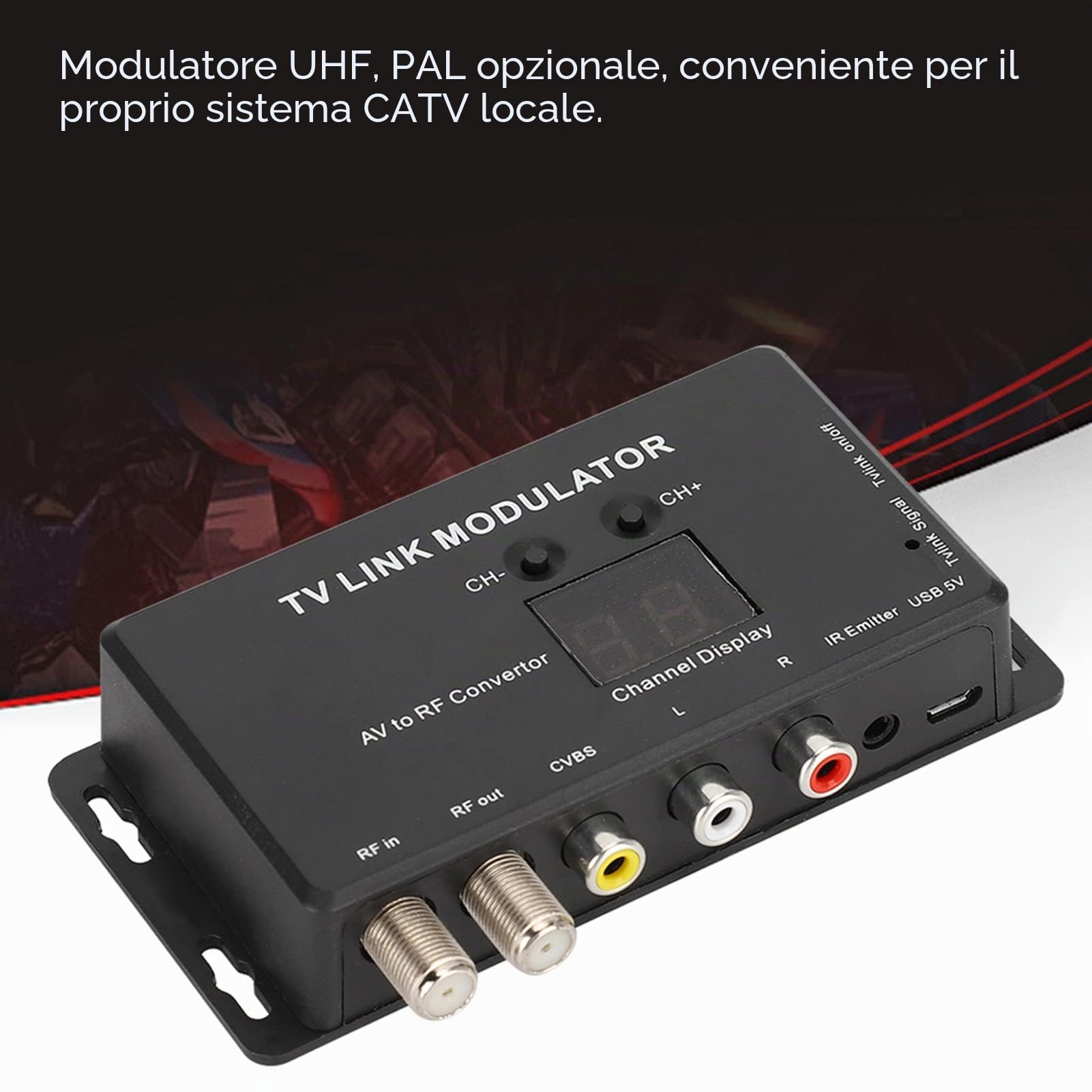Modulatore UHF, Modulatore TV Link, Convertitore da AV a RF Estensore IR con Display Canale, Convertitore Modulatore RF Compatto Micro Modulatore