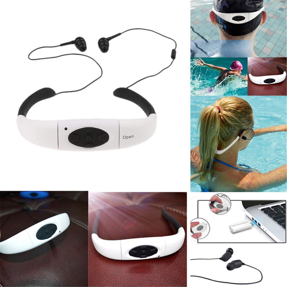 Suney Lecteur MP3 étanche Casque audio sans fil 8 Go HiFi pour natation et course à pied 6 à 8 heures Lecteur MP3 étanche pour surf, natation, sport, course à pied Waterproof Bluetooth blanc