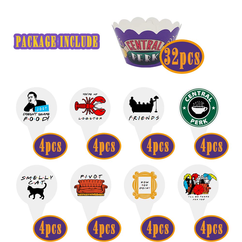 Buy 64 PCS Friends TV Show Themed Cupcake Toppers and Wrappers Set (32 ...
