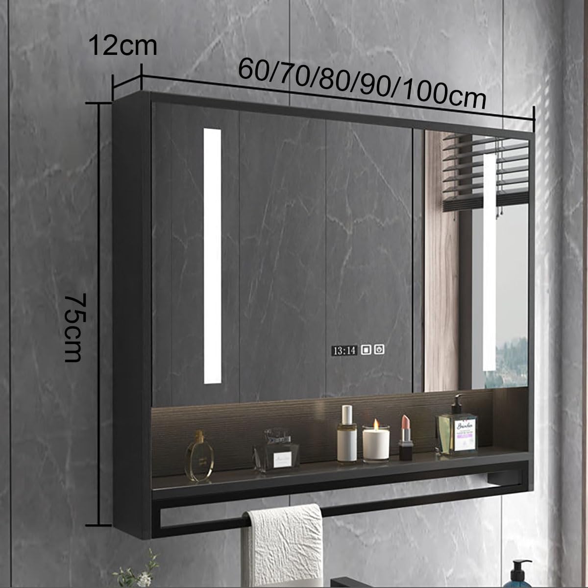 Specchio Espejo de baño con iluminación LED, almacenamiento, botón antivaho, Espejo de maquillaje, diseño Moderno en Blanco, 70 x 12 x 75 cm, solución Elegante y funcional para El baño.