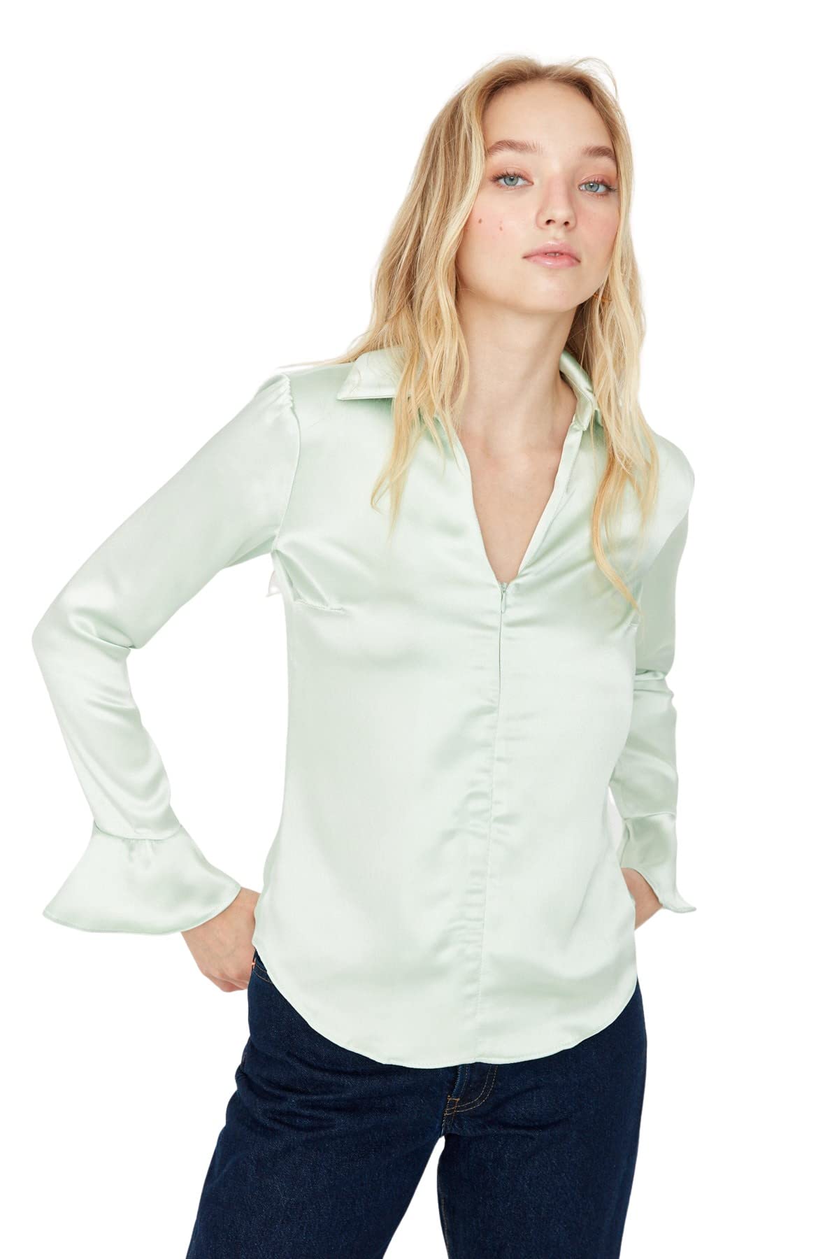 Trendyol Women's Woman Basic Fitted Standard Shirt Collar Woven Blouse, Light Green, 34