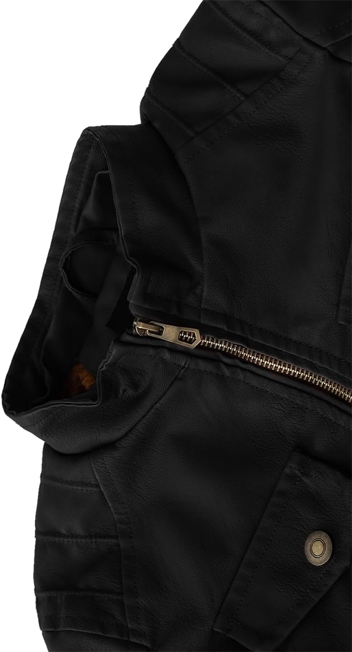 KVE Boy's Faux Leather Jacket Windproof Fleece Lined Warm Winter Coat Kids Bomber Outerwear PU Motorcycle Hooded Jacket - Image 8