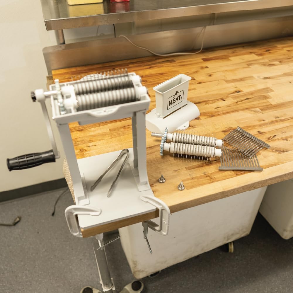 MEAT! Manual Meat Tenderizer and Jerky Slicer with 31 Stainless Steel Blades, Aluminum Construction, Simple Assembly, 2 Roller Sets, For Meat Tenderizing, Jerky Slicing, Meat Processing, and Kitchen