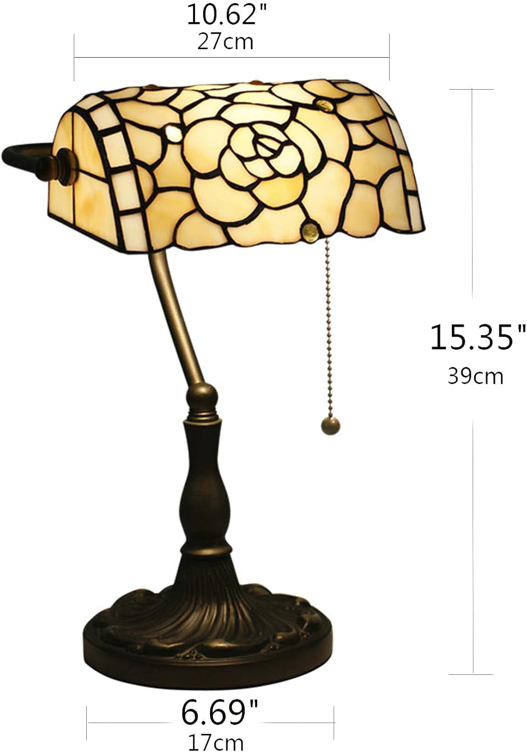 Rose Bankers Lamp Tiffany Vintage Table Lamp Stained Glass Beige Rose Lampshade Table Light Piano Desk Lamp Bedroom Bedside Lamp for Livingroom Office Study,Antique Alloy Base,Zipper Switch,Rose b