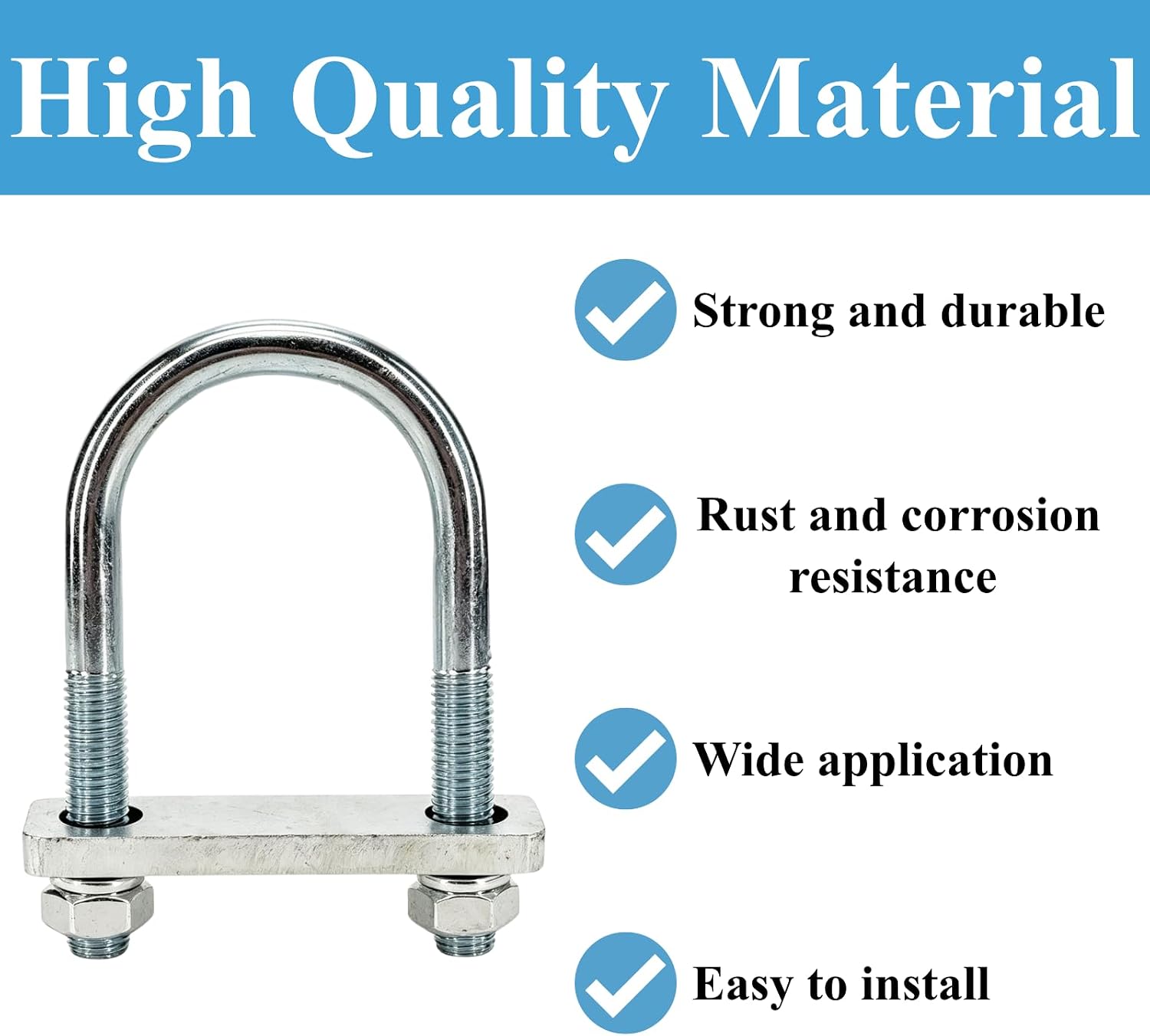 4 Sets M14 Round U-Bolts, 2.5 inch Wide, 65 mm x 127 mm, Includes Frame Plates, Nuts and Washers, Galvanized Steel, for Trailers and Boats