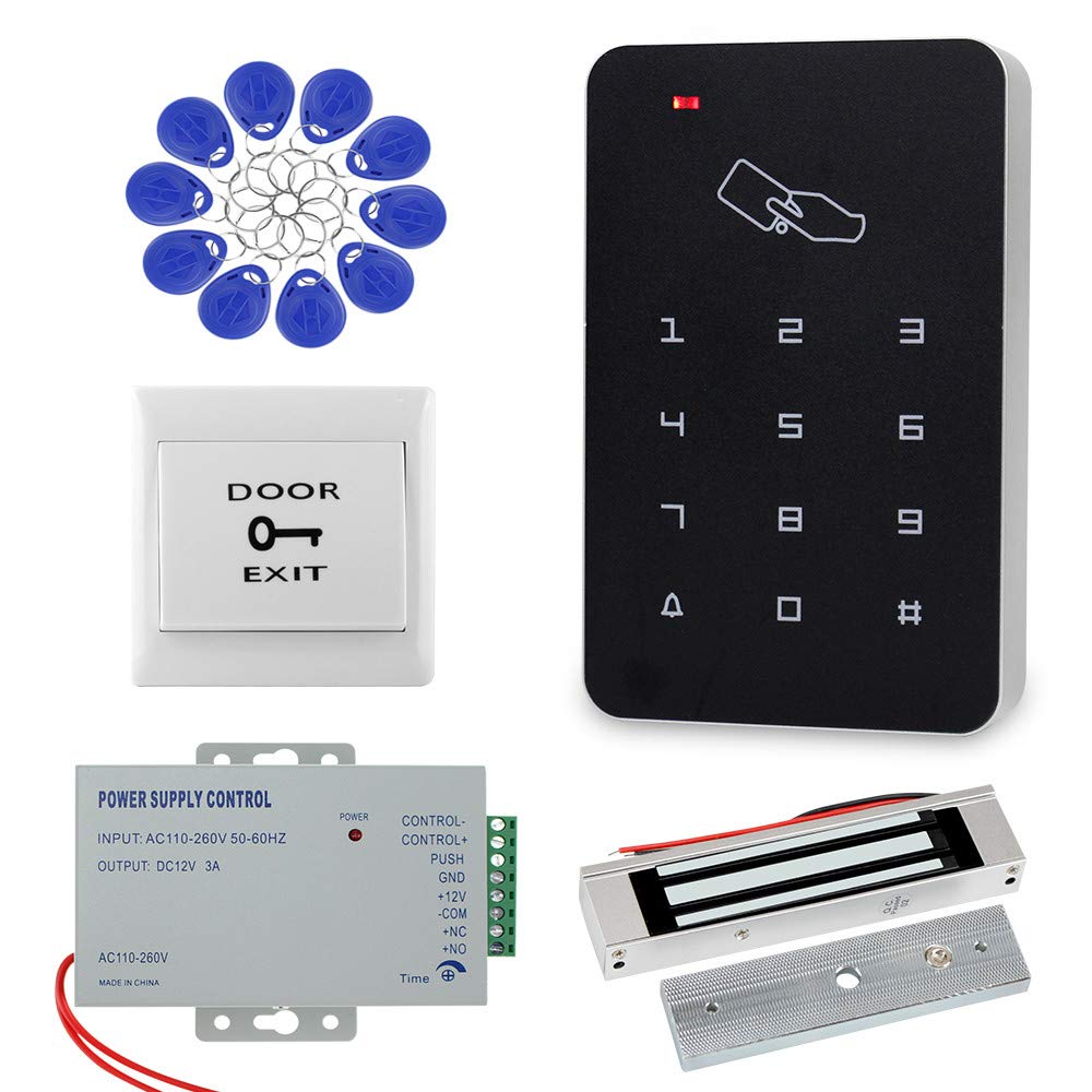 Dongyang Kit de système de contrôle d'accès de Porte avec Clavier RFID 180 kg Serrure magnétique + Source d'alimentation + 10 pièces de Porte-clés Set Complet