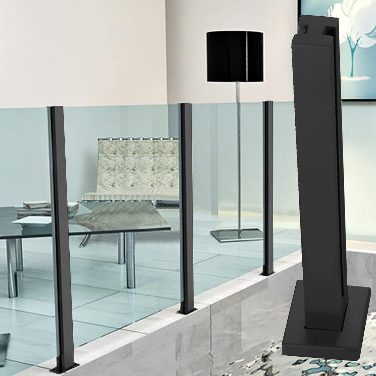 Glaszaun-Befestigungsstange, Glasgeländerpfosten, schwarz, Edelstahl, quadratisches Glas-Baluster-System für Deck/Treppen/Stufen (Eckpfosten, 85 cm)