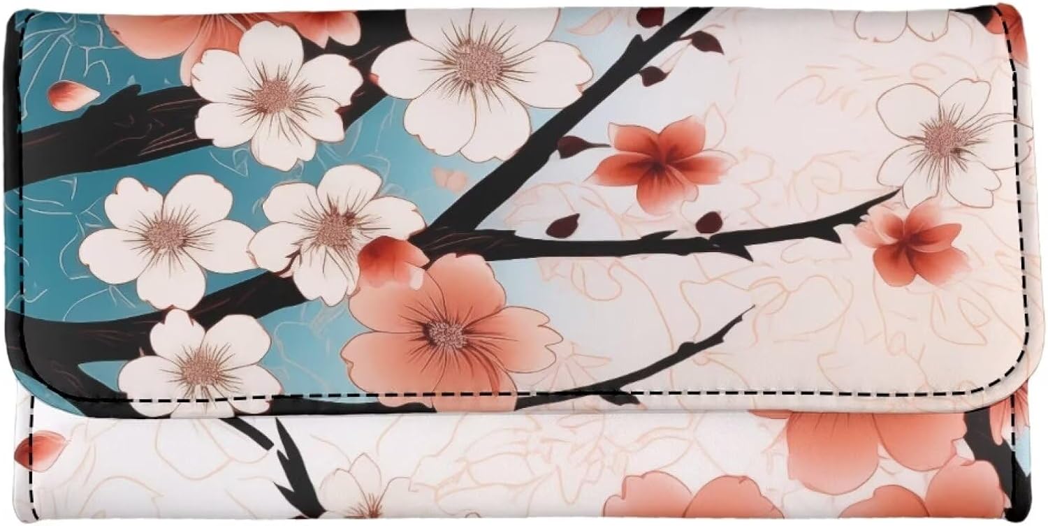 Howilath Sweet Peach Blossom Printed Leather Wallet for Women Slim Designer Trifold Ladies Credit Card Holder -Pink
