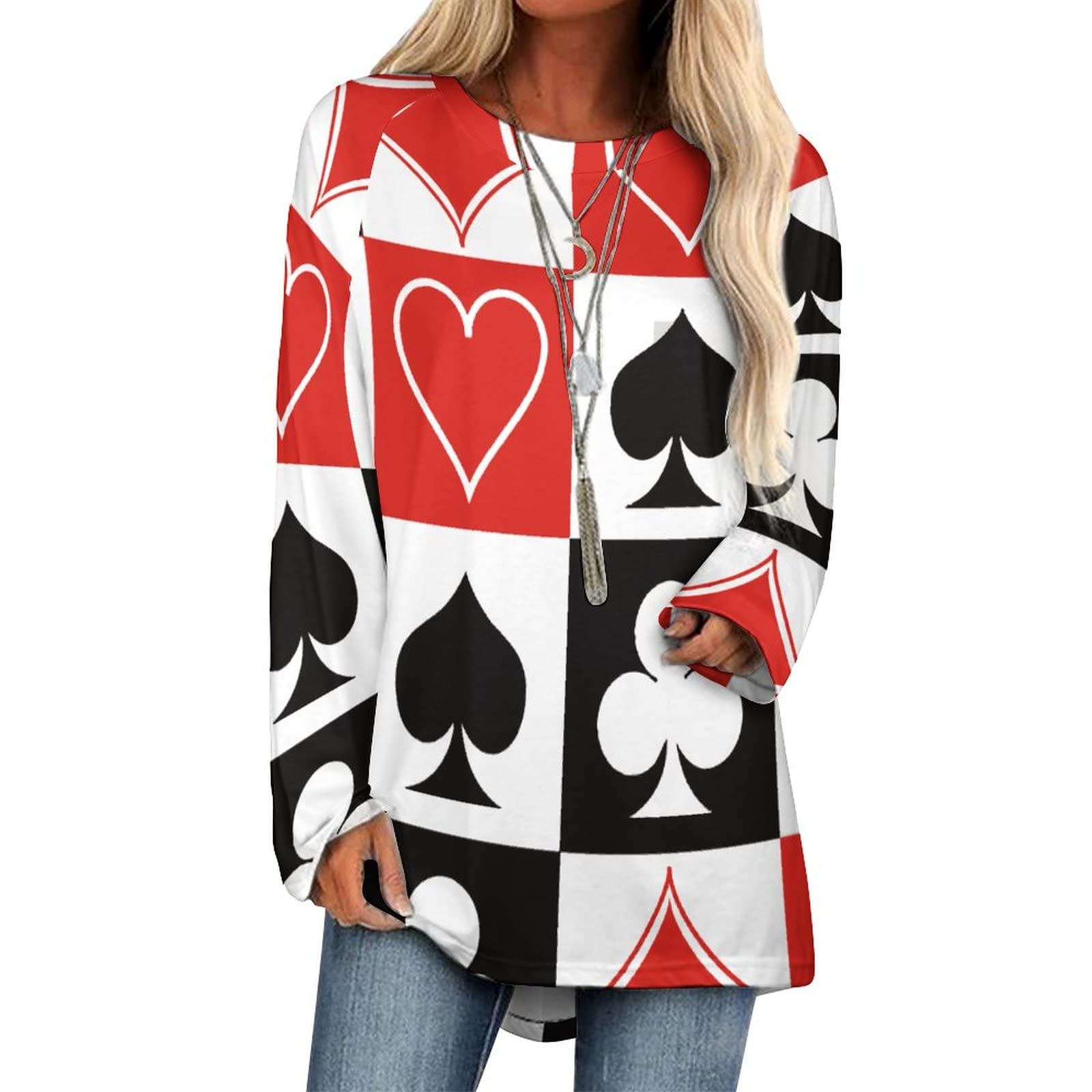 AMRANDOM Sweatshirts Long Sleeve T Shirts For Women Loose Fit Fall Crew Neck Tops (Grid Poker Playing Cards pattern) Clothes For Lady 2022 Blouses