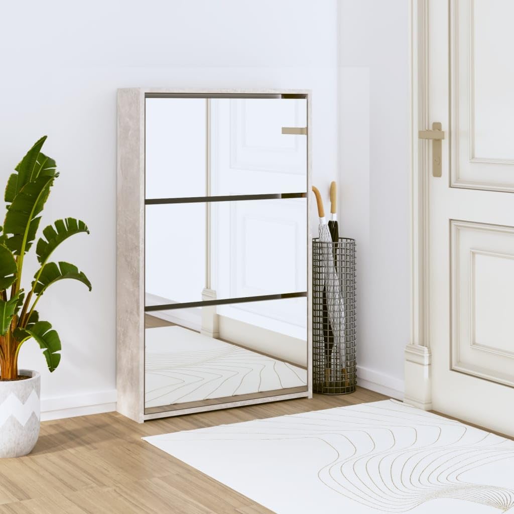Natulvd 3 Drawer Mirrored Shoe Cabinet, Slim Shoe Cupboard Storage Organiser with 3 Flip Drawers, Hallway Shoe Stand Rack, Mirrored Sideboard Unit, 63x17x102.5 cm (Rustic Grey)