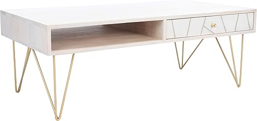 Miniatura 11 de SAFAVIEH Home Collection Mesa de centro con patas de horquilla de latón y lavado blanco de mediados de siglo de caléndula