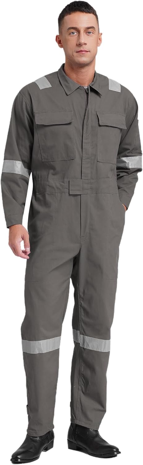 Men Long Sleeve Wide Leg Coverall Mechanic Uniform Work Uniform Reflective Strips Jumpsuit