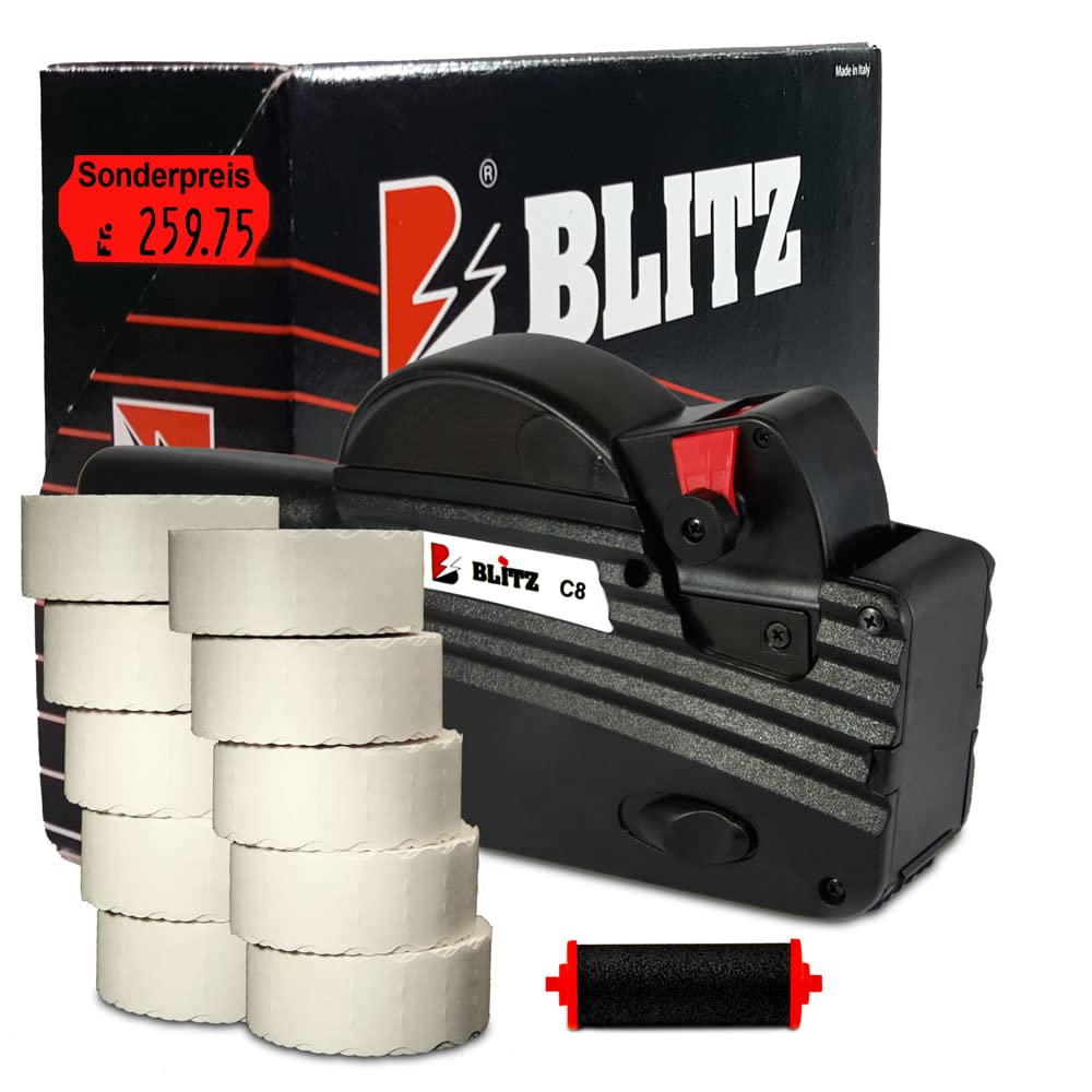 Preisauszeichner Set Blitz C8 inkl. 10 Rollen 26x12 Preisetiketten - leucht-rot permanent Aufdruck: Sonderpreis + 1 Farbrolle | HUTNER