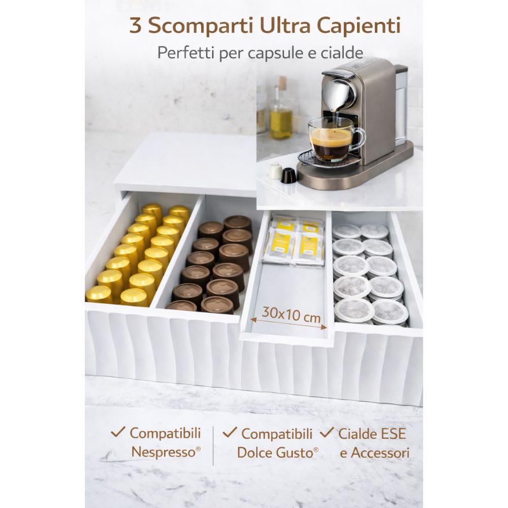 Porta Capsule e Cialde Caffè completamente in Legno Bambù Bianco 30x30x10 cm – Supporto Macchina Caffè Salvaspazio con 3 Scomparti