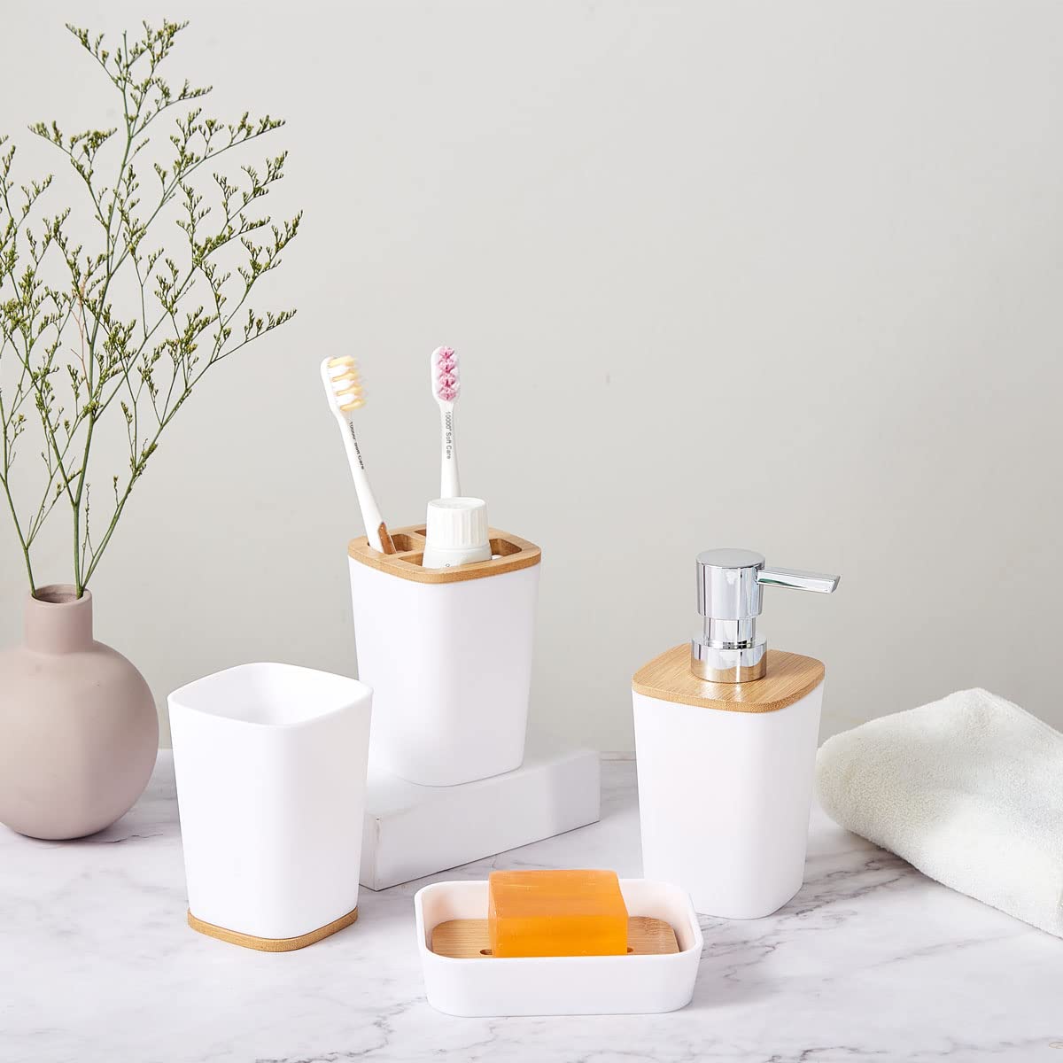 JETAINE 6-teiliges Bambus-Badezimmer-Zubehör-Set, luxuriöses modernes Accessoire, WC-Zubehör mit Mülleimer, Zahnbürstenhalter, Tasse, Seifenschale und Seifenspender