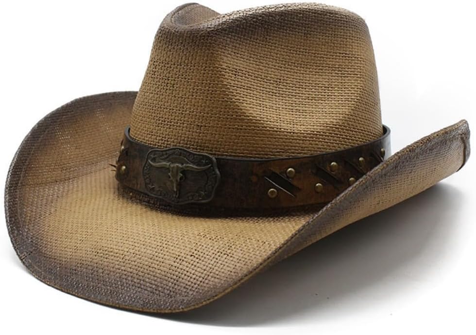 Western Cowboy Hat, White Straw with Brown Leather Band, Longhorn Buckle