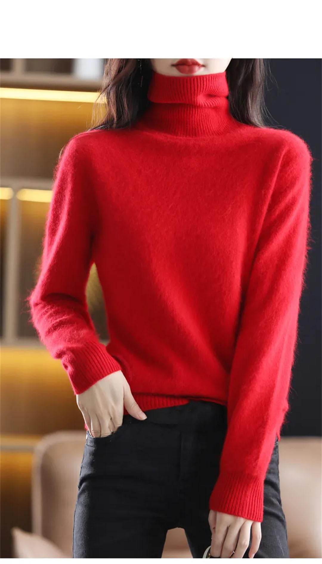 Jerseys De Punto De Cuello Alto De Cachemir Liso De Manga Larga para Mujer