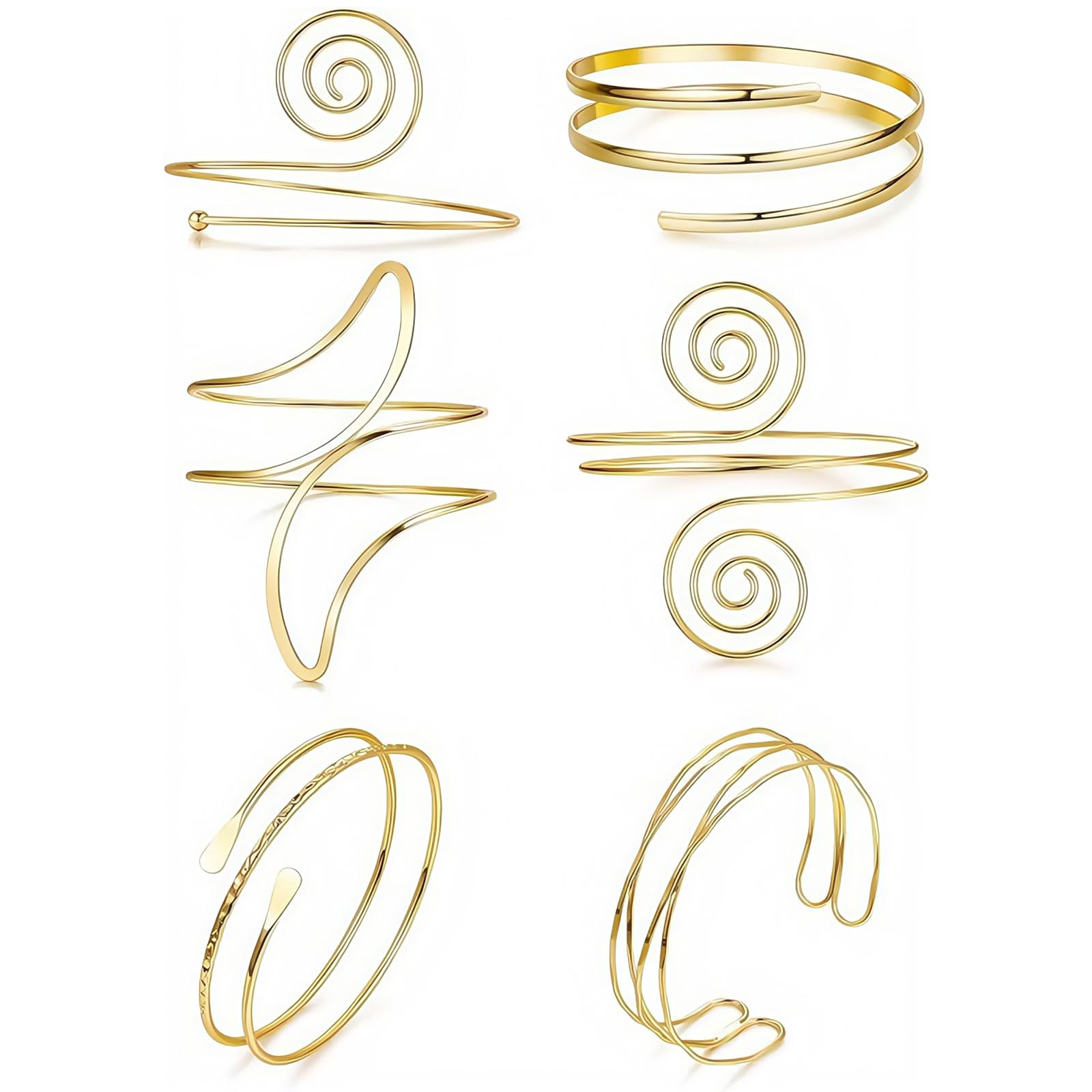 LunarCharm 6 Pcs Gold Cuff Bangle Set Open Upper Arm Cuff Bangle Bracelet for Women Adjustable Cuff Minimalist Spiral Leaf Bangles Set
