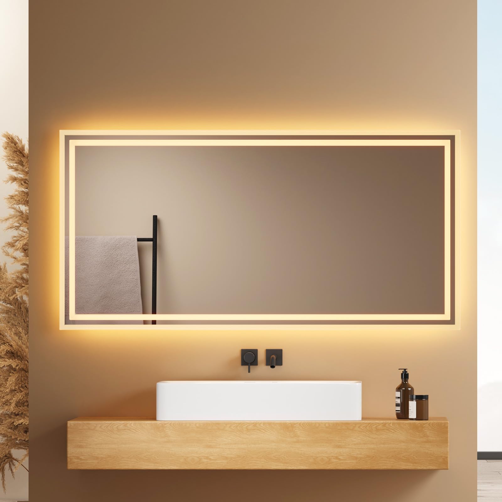 EMKE Espejo de Baño, 120x60cm, Interruptor Mecánico, Botón Antivaho Independiente, 3000K/6500K, Espejo baño con luz Instalación Horizontal/Vertical, Espejo LED, Fácil de Instalar