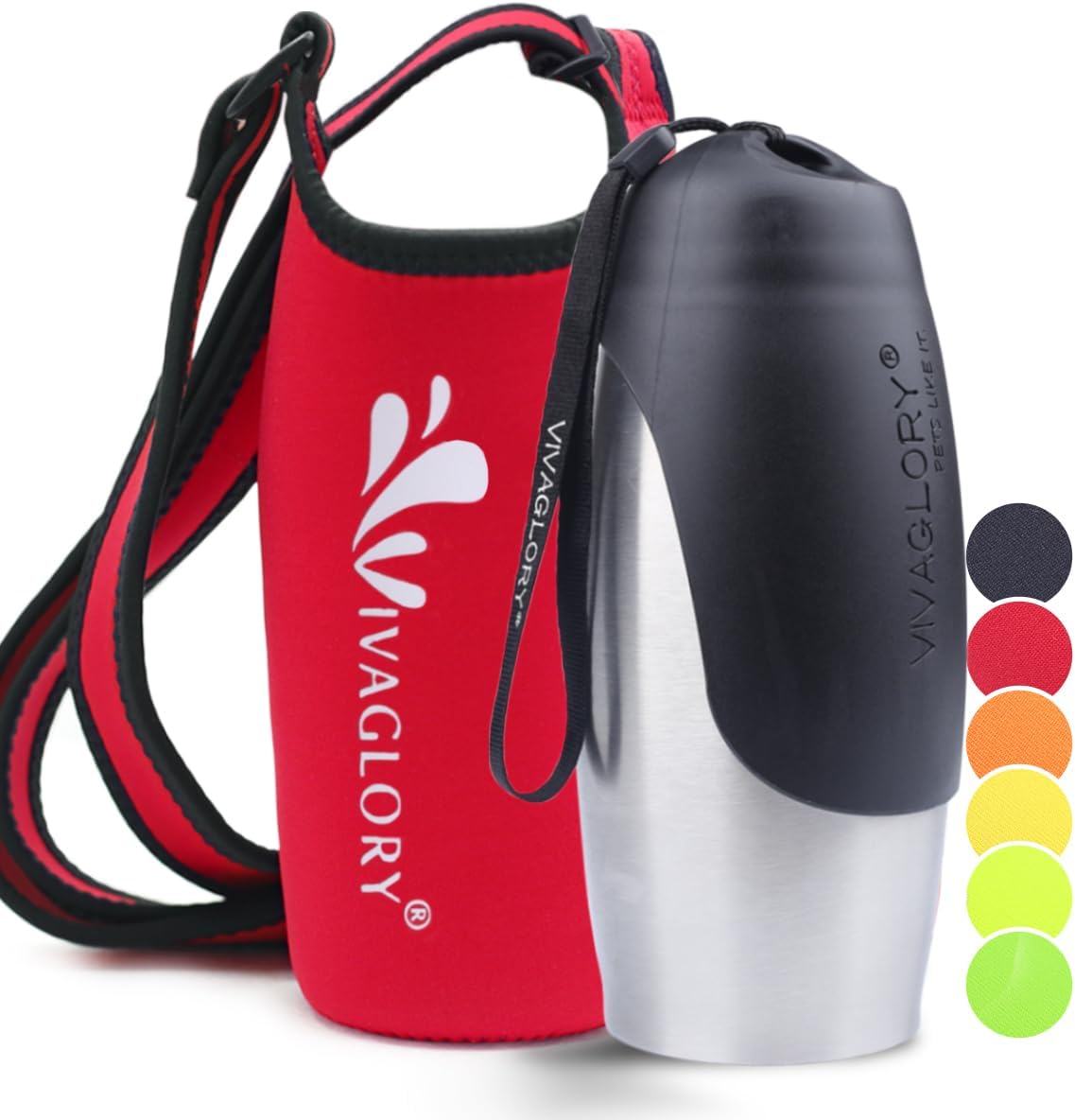 VIVAGLORY Dog Water Bottle & Bottle Holder With Strap Combo for Travel & Walking, Carrier With Adjustable Shoulder Strap, Portable & Stainless Steel for Pet Puppy, 750ml, Red
