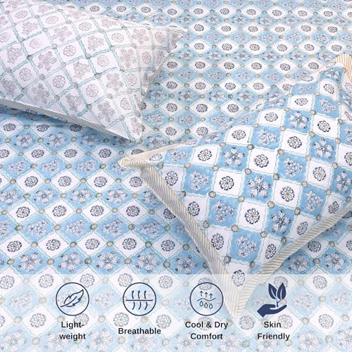 Image of TOAI Hand Block Printed Bedsheet | Bed Spread Flatsheet Bed Sheet | Pure Cotton | Double Bed King Size 108 inchx108 inch | 300 TC Long Staple Cotton | 2 Reversible Pillow Covers |Small Blue Jaal