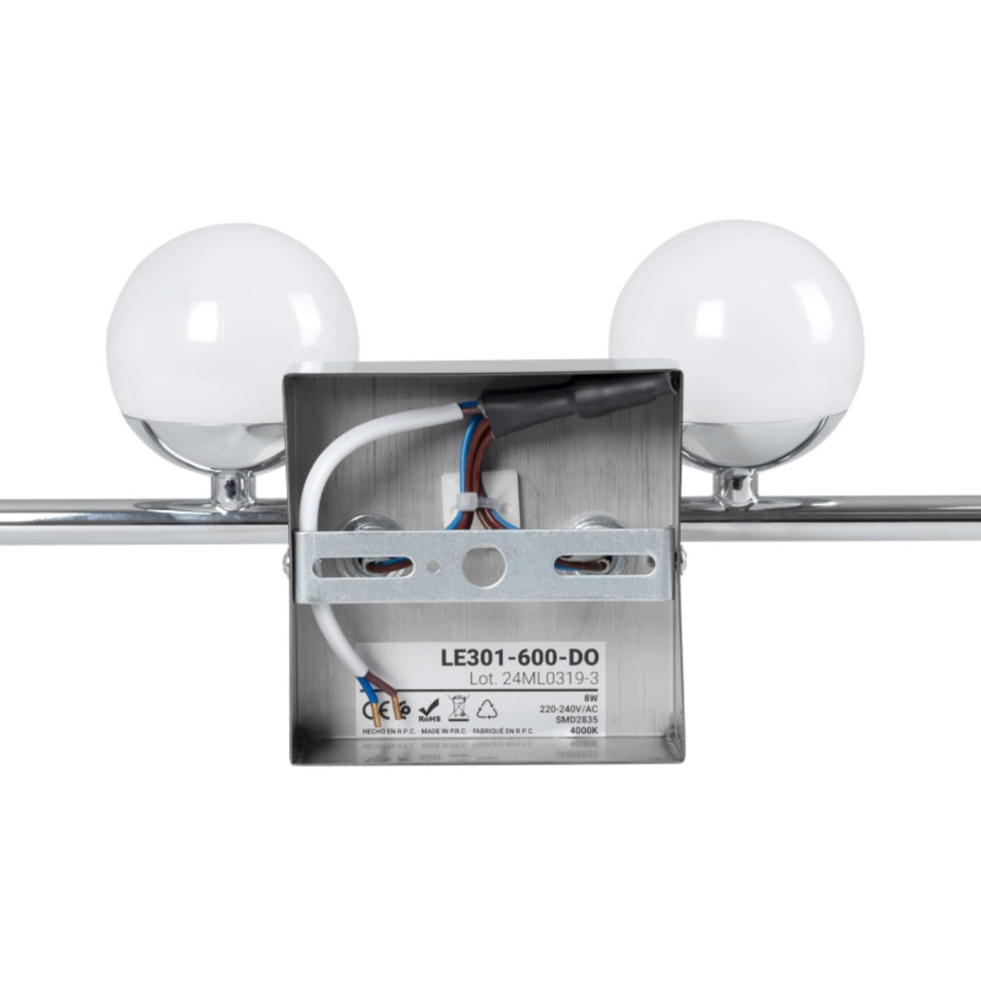 BARCELONA LED Aplique LED para baño Cromado 12W IP44 con 4 esferas difusoras. Luz blanca neutra 4000K. Barra de 49 cm. Lámpara de pared para Baño, illuminación moderna y funcional para espejo y lavabo