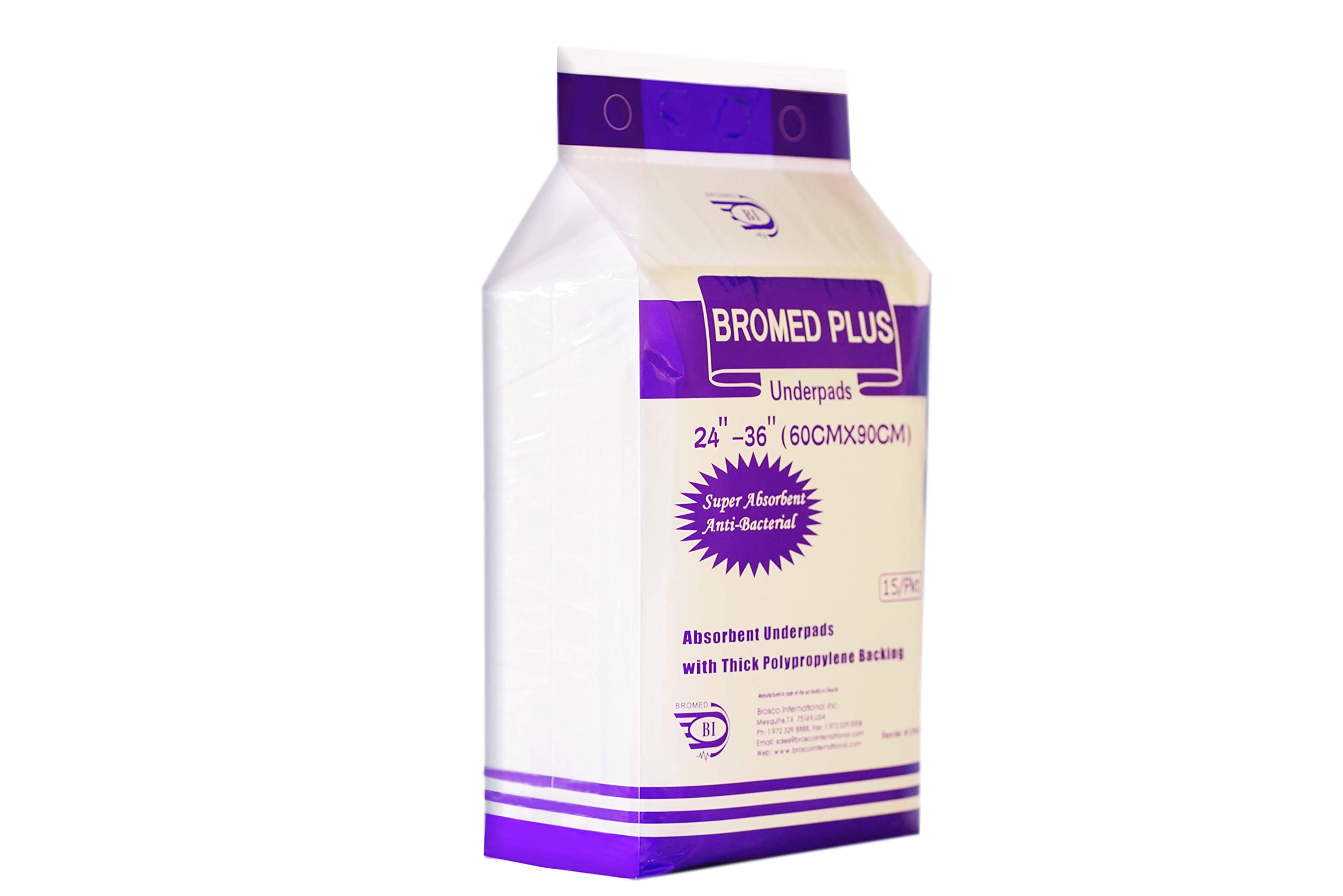 BROMED underpads, super absorbent polymer & anti-bacterial, Waist Size 24" - 36", 15 Pcs/Pack 60 x90 cm (Pack of 1)