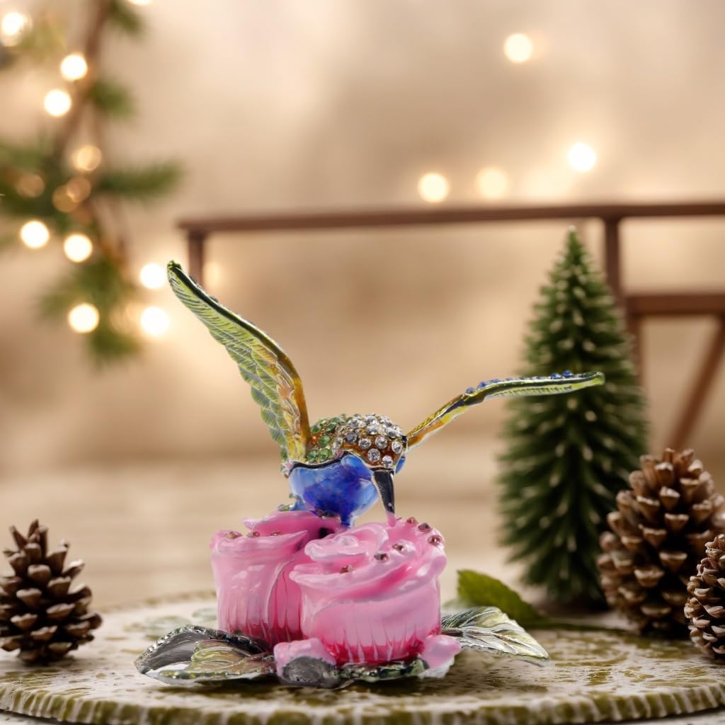 SEVENBEES Decorative Jewelry Boxes for Ring - Hummingbird Figurine Hinged Trinket Box - Hummingbird on Pink Flowers Figurine Collectibles - Image 6