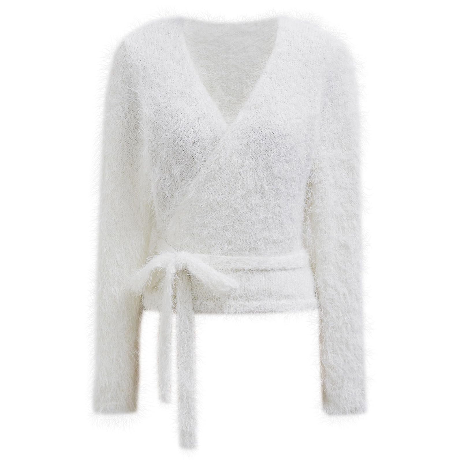 CHICWISH Women Fuzzy V Neck Wrap Knit Top Tie Waist Knot Long Sleeve Soft Pullover Sweater Casual Fall