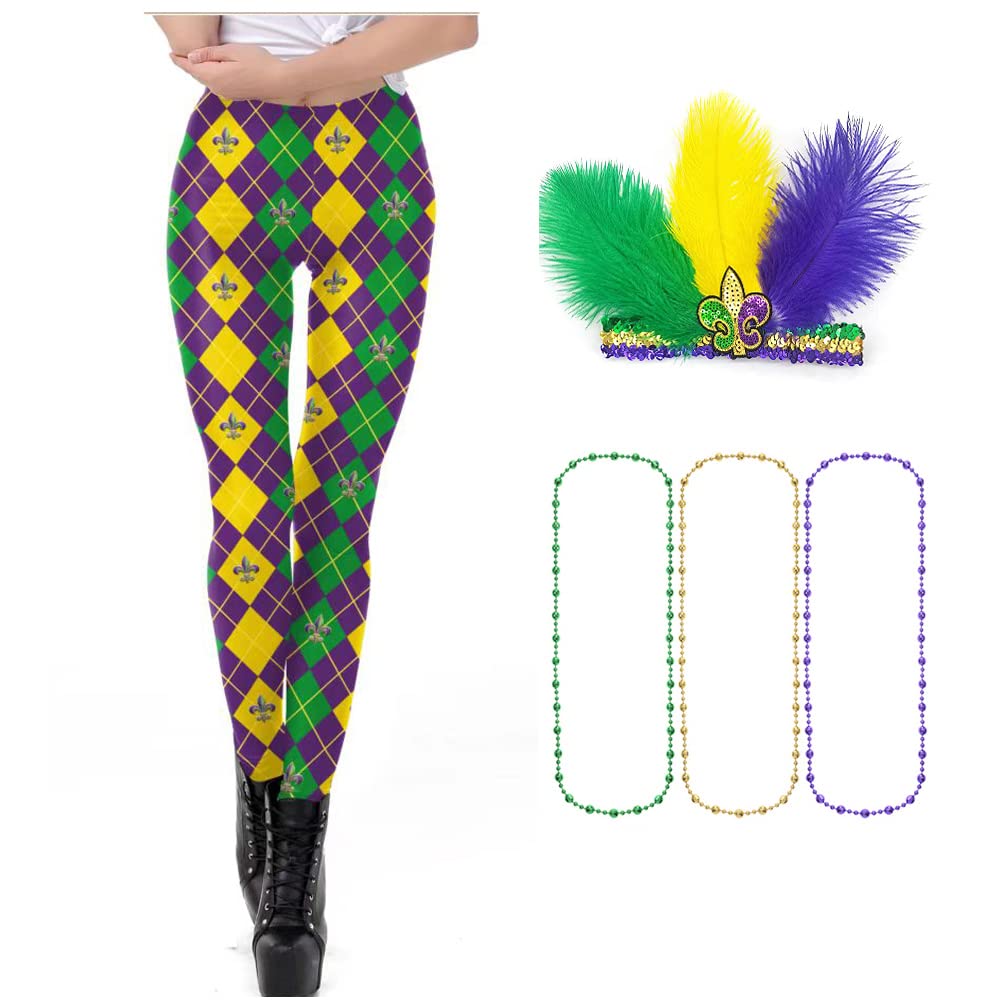 REU GLOBAL Women Mardi Gras Party Costume Stretchy Leggings Tights with tri-Colors Beads Necklace for Party Costume