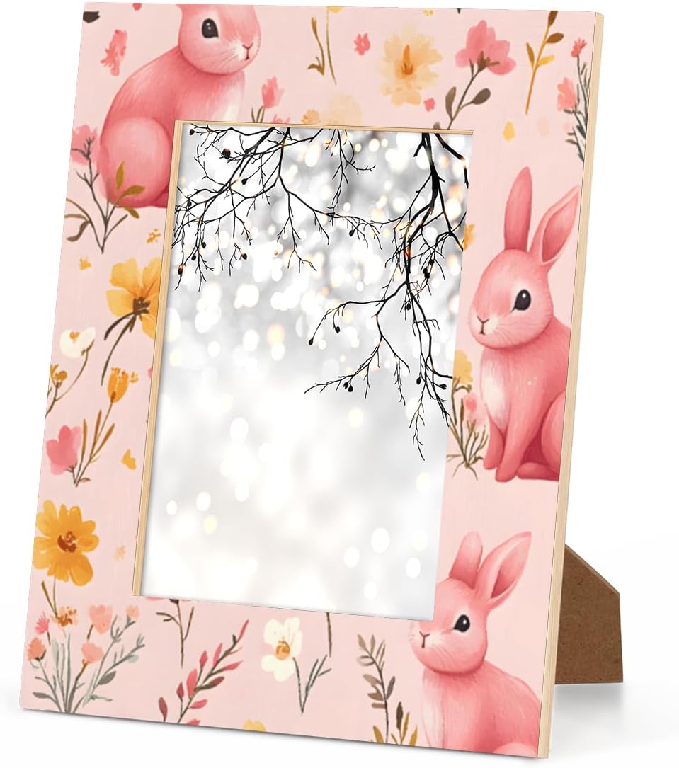 Rabbit 4x6 Picture Frame, Pink Rabbits Wood Photo Frame Suitable for Tabletop Wall Display Colorful Home Decoration